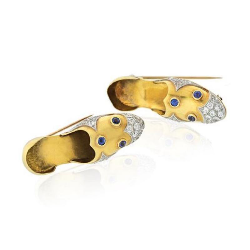 Paul Flato PLATINUM 14K YELLOW GOLD DIAMOND AND SAPPHIRE PAIR OF SHOE CLIP BROOCHES