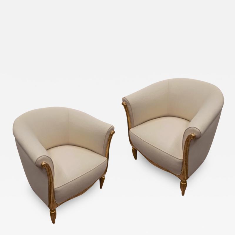Paul Follot Paul Follot pair of gold leaf carved art deco chairs covered in raw silk