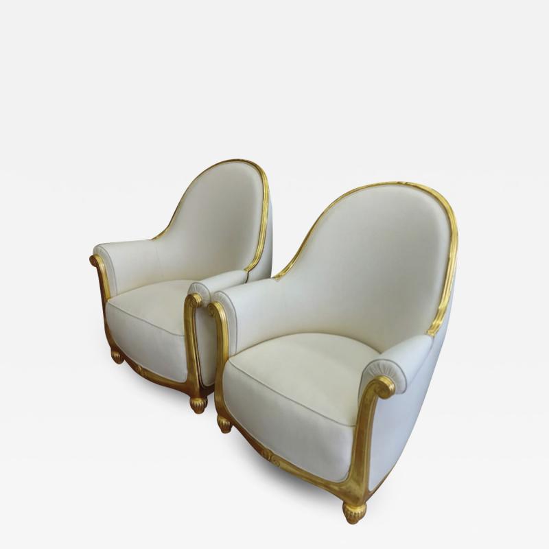 Paul Follot Paul Follot pair of gold leaf carved art deco comfy corbeille chairs