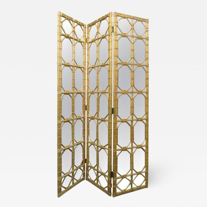 Paul Frankl 1960s Three Panel Rattan and Mirror Floor Screen Room Divider