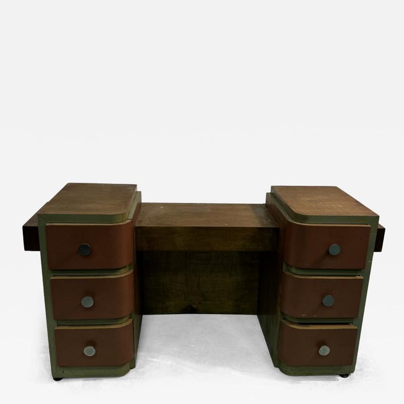 Paul Frankl ART DECO MODERNIST CORAL LEATHER BURLWOOD DESK VANITY MACHINE AGE HANDLES