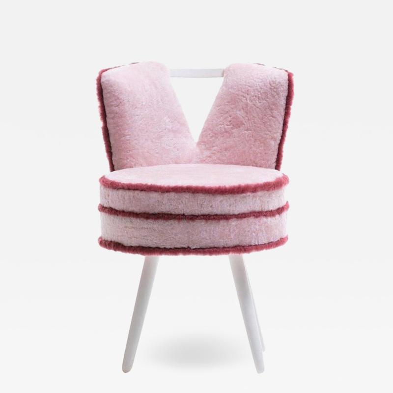 Paul Frankl Custom Vanity Stool in Pink Shearling with Burgundy Trim