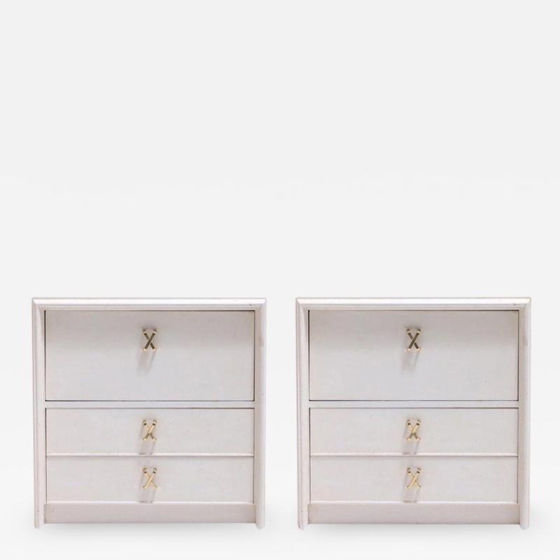 Paul Frankl Pair of Paul Frankl Ivory Lacquered Nightstands with Brass X Pulls circa 1950