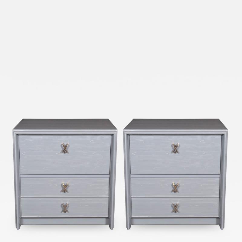 Paul Frankl Pair of Silver Cerused Nightstands End Tables Nickel X Fittings by Paul Frankl