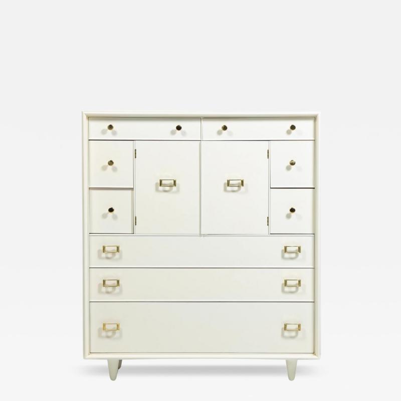 Paul Frankl Paul Frankl Tall Chest in White Chocolate Lacquer with Brass Hardware c 1950s