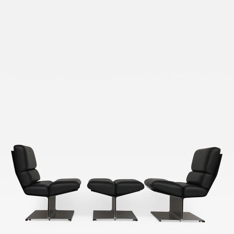 Paul Geoffroy Pair of Lounge Chairs and Ottoman by Paul Geoffroy for Uginox France 1970s