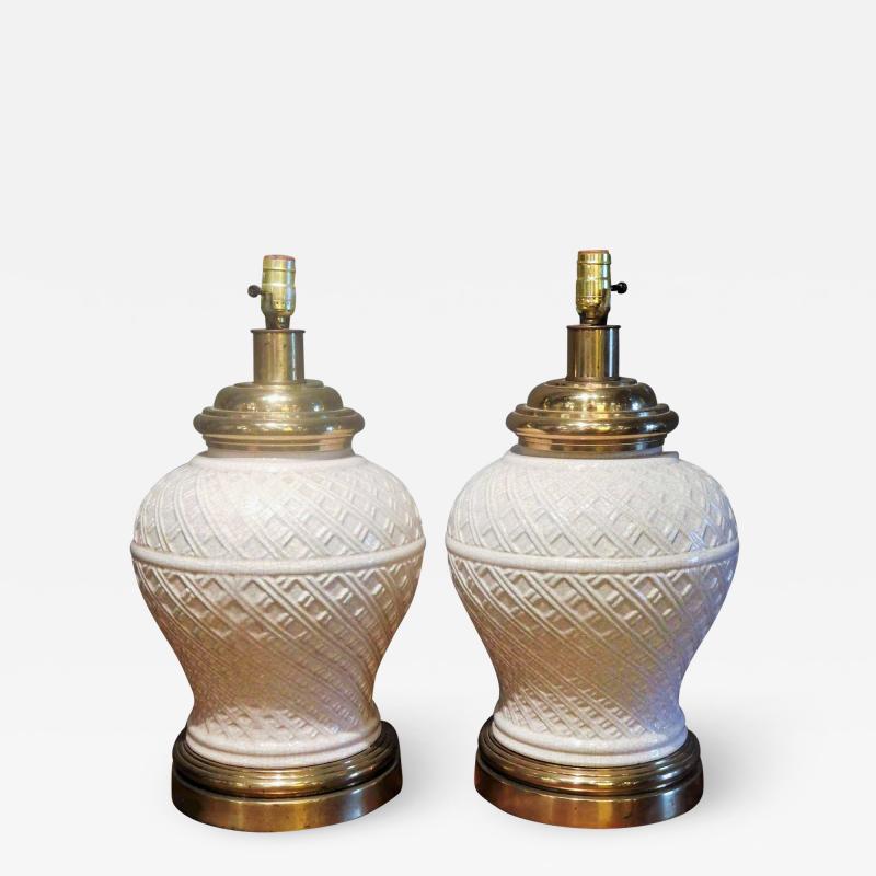 Paul Hanson Pair of Ceramic Basket Weave Paul Hanson Lamps with Ivory Crackle Glaze