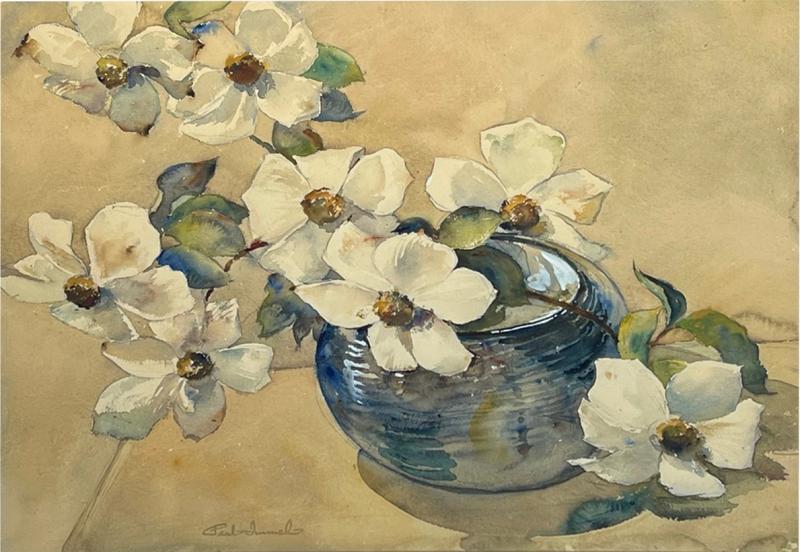 Paul J Immel Watercolor on Paper Paul Immel 1896 1964 white flowers in a blue bowl