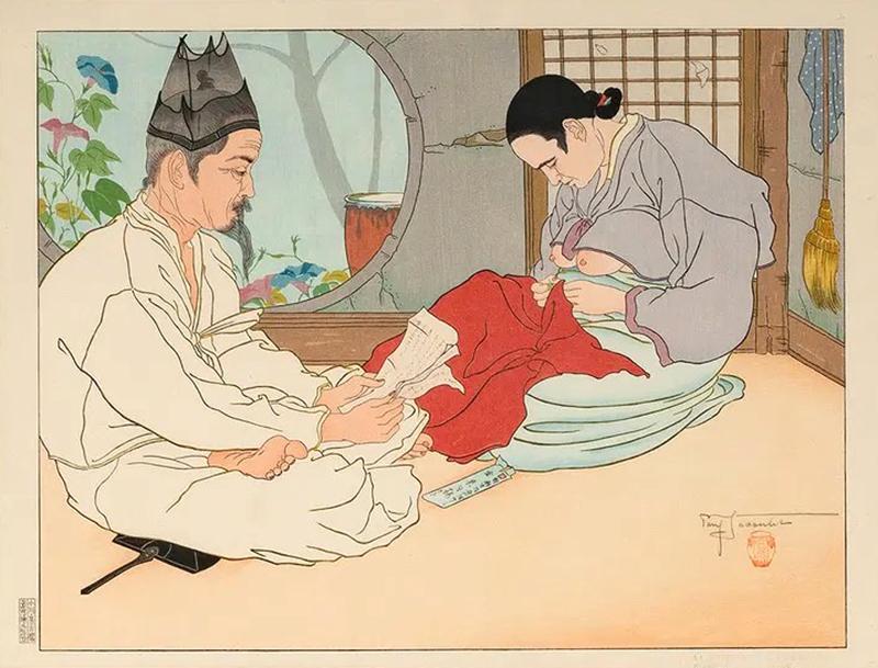 Paul Jacoulet Framed Woodblock Print La Lettre du Fils Coree Early Version by Paul Jacoulet
