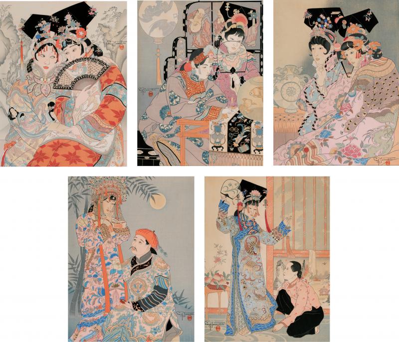 Paul Jacoulet Rare Set of Five Dames Chinoises et Madchoues Woodblock Prints Paul Jacoulet