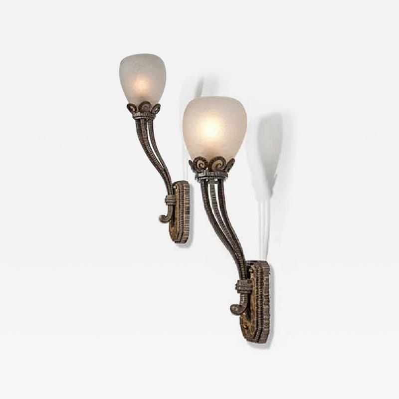 Paul Kiss Pair of Art Deco Patinated Wrought iron Acid Etched Glass Sconces by Paul Kiss