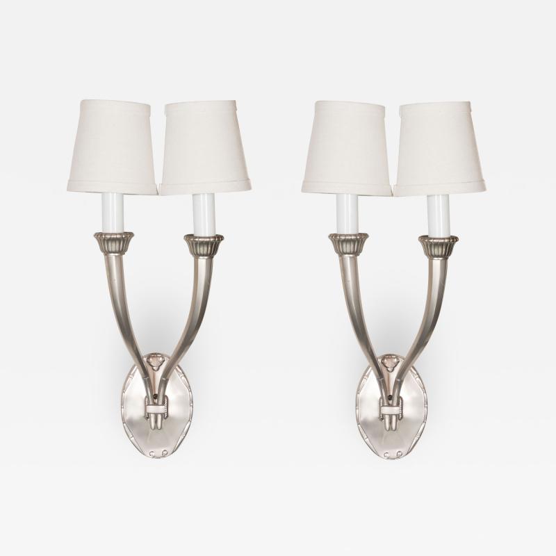Paul Kiss Set of Four French Art Deco Brushed Nickel Sconces in the Manner of Paul Kiss