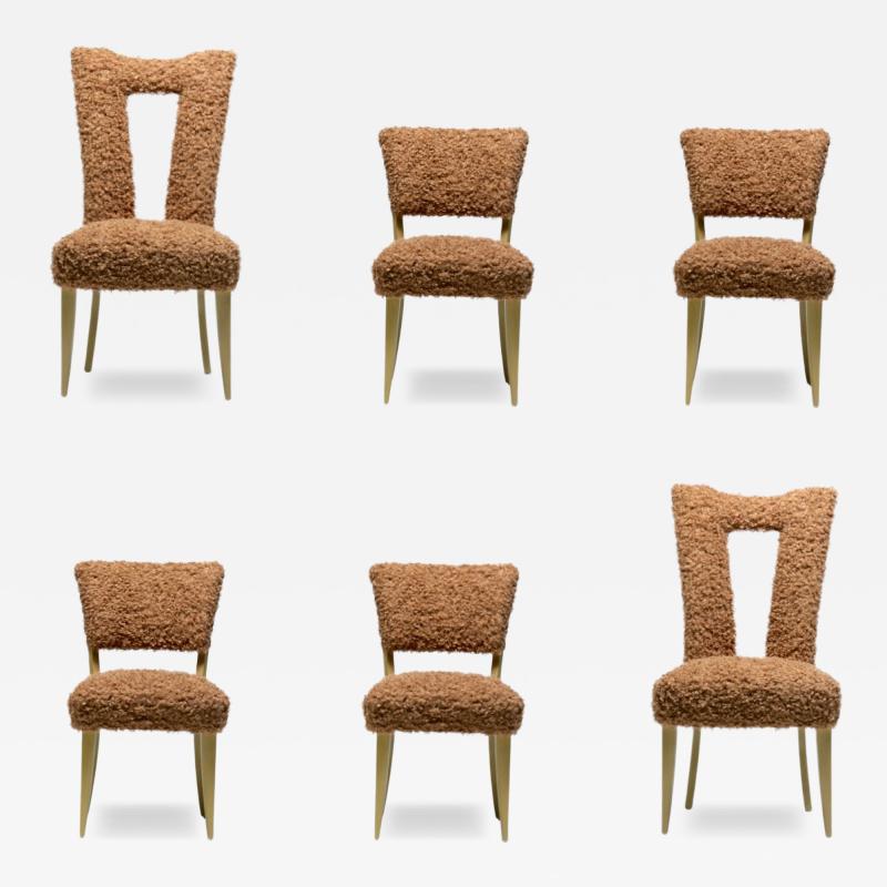 Paul L szl Paul Laszlo Set of 6 Bleached Wood Dining Chairs in Camel Teddy Bear Upholstery
