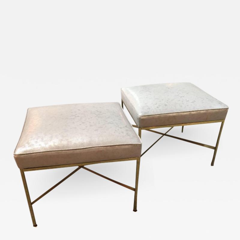 Paul McCobb Pair of Paul McCobb Brass Stools Silver Shagreen Leather