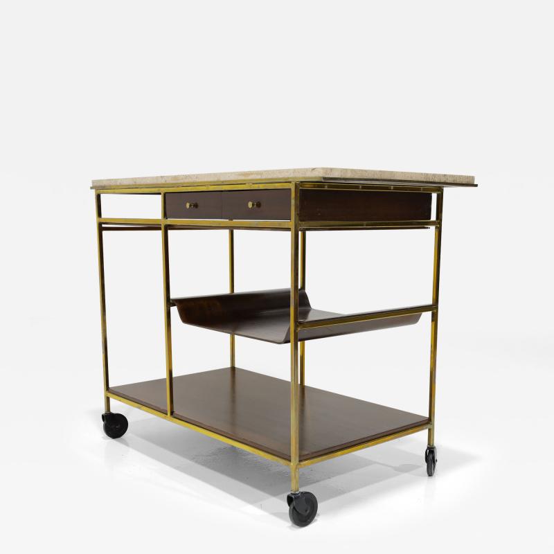 Paul McCobb Paul McCobb Travertine Mahogany and Brass Bar Cart