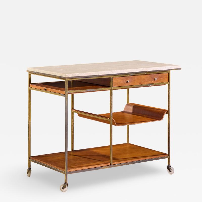 Paul McCobb Paul McCobb for Calvin Irwin Collection Travertine Brass and Mahogany Bar Cart
