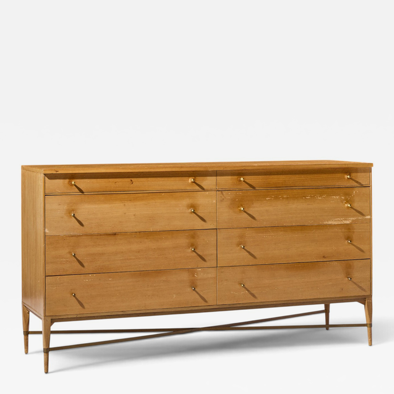 Paul McCobb Paul McCobb for Calvin Mid Century Mahogany and Brass X Base Lowboy Dresser