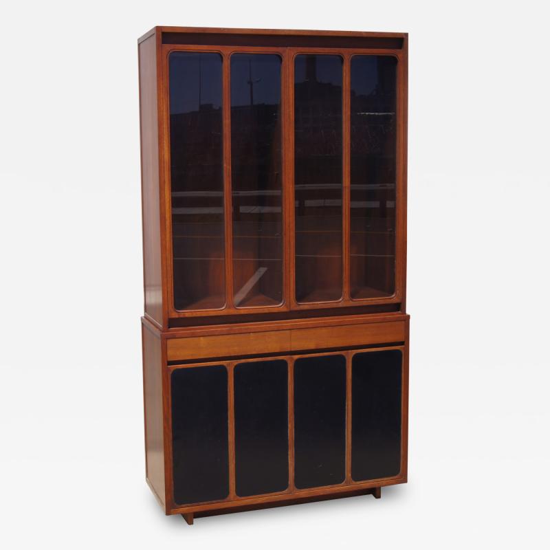 Paul McCobb Tall Cabinet with Glass Doors Leather Panels by Paul McCobb for H Sacks