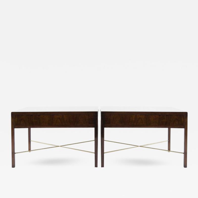 Paul McCobb Walnut Paul McCobb Style Brass Stretcher Side Tables