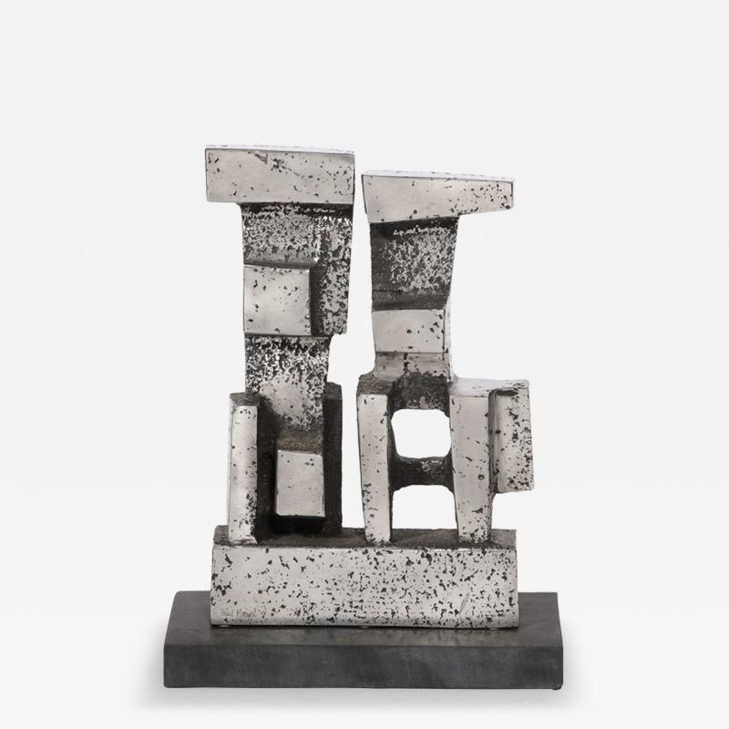 Paul Mount Brutalist Modernist Geometric Sculpture in Caste Stainless Signed Paul Mount