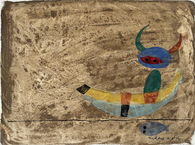 Paul Rand Child like Art Child with Bull Horns in Boat with a Fish