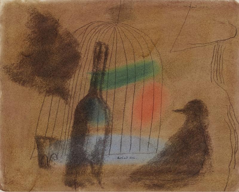 Paul Rand Untitled Wine Bottle and Bird outside of a Bird Cage in Moody Brown