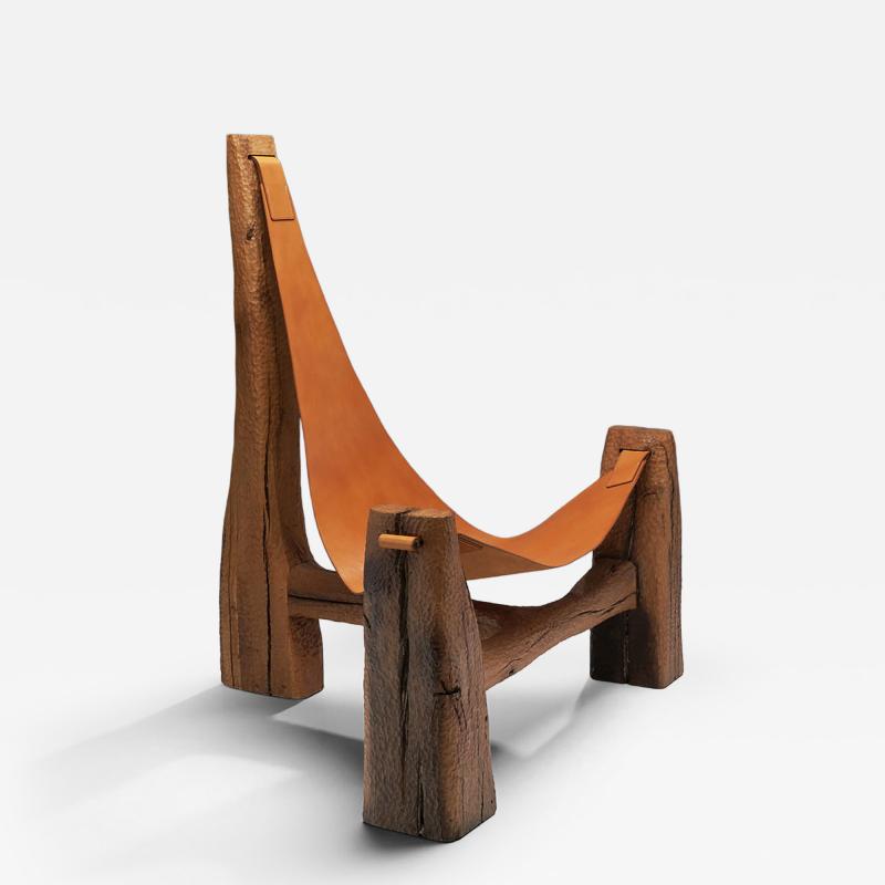 Pavel Novak Gouged Oak and Leather Lounge Chair by Pavel Novak Czech Republic 1980s