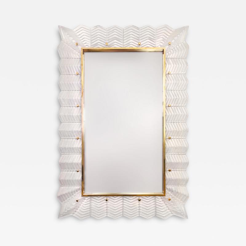 Pearl White Chevron Pattern Murano Glass Mirror with Brass Trim
