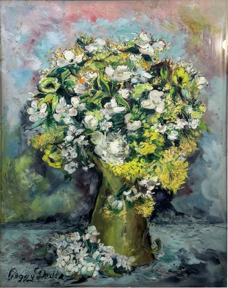 Peggy Dodds Williams MID CENTURY VASE OF FLOWERS REVERSE PAINTED GLASS BY PEGGY DODDS
