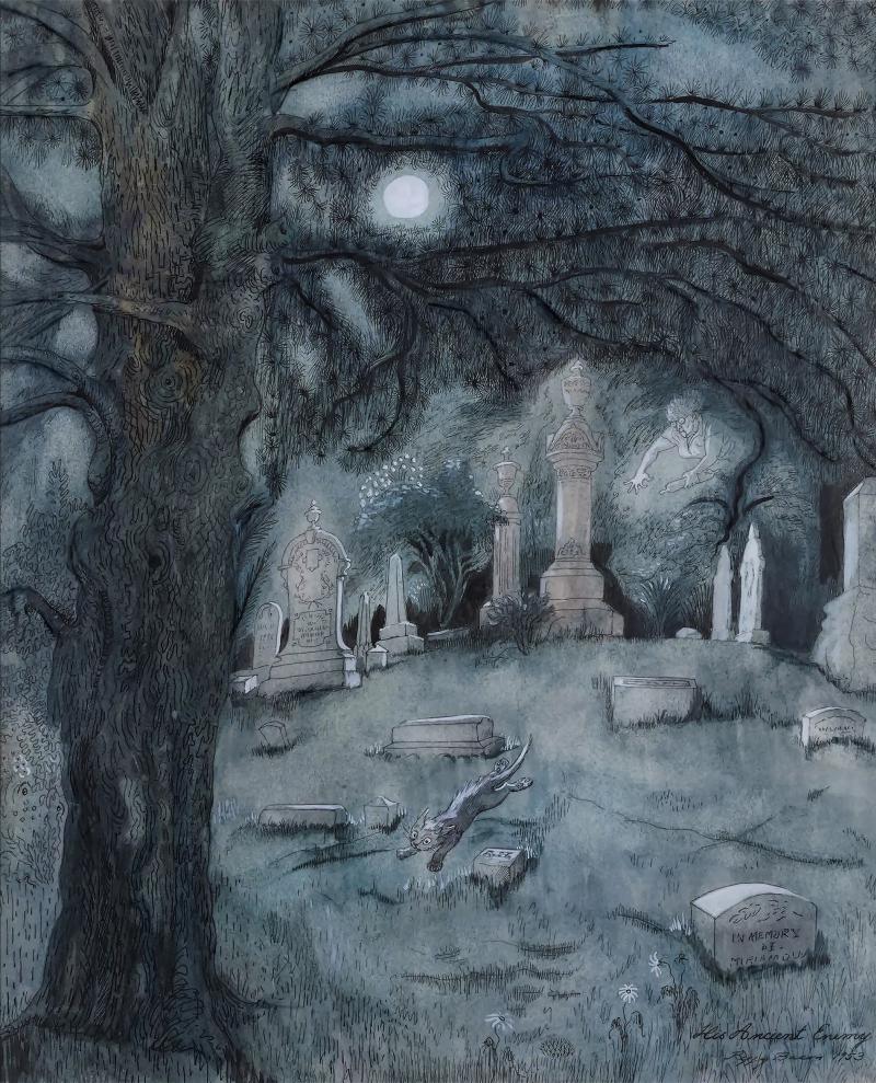 Peggy Margaret Frances Bacon Cat Running at Night through Graveyard Original Art Female Illustrator
