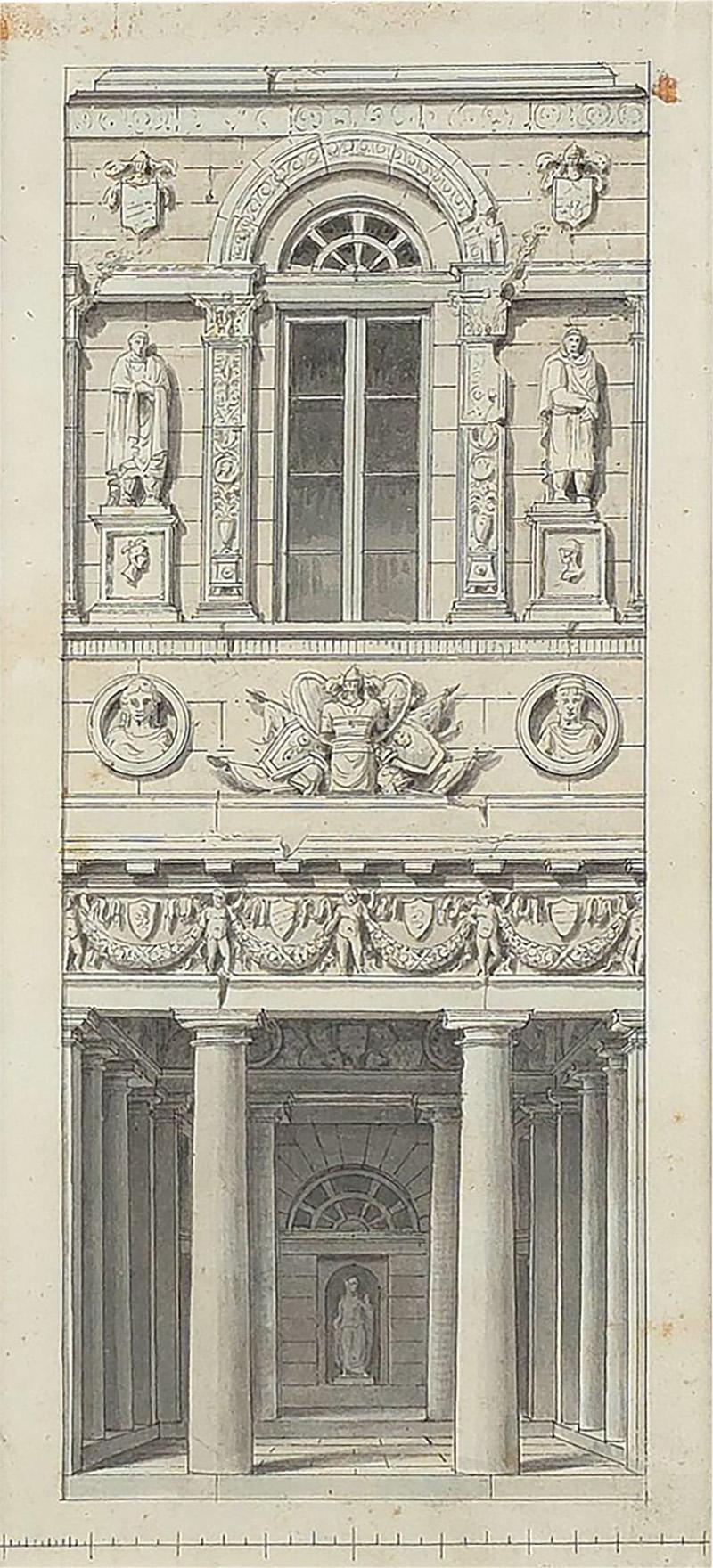 Pencil Ink Drawing of Neoclassical Fa ade France or Italy 19th century