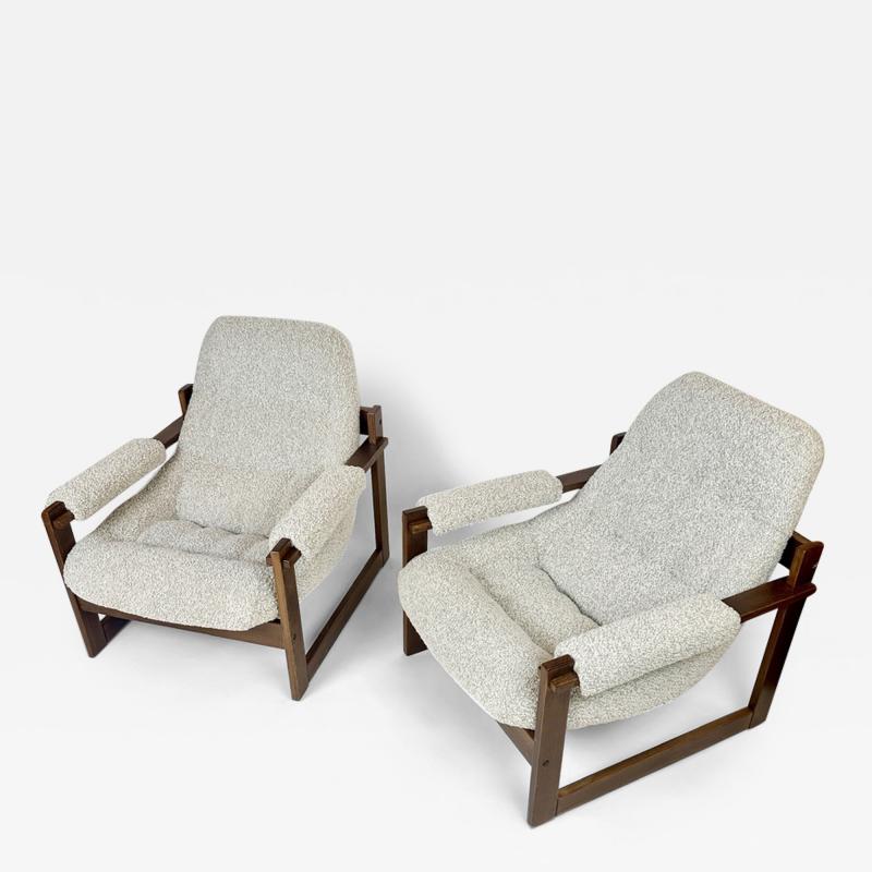 Percival Lafer Pair of Brasilian Wood Beige Wool Boucl MP 163 Earth Chairs by Percival Lafer