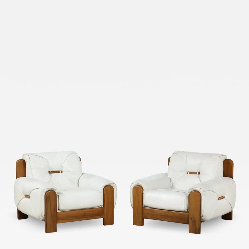 Percival Lafer Pair of Italian 1970s Walnut and White Leather Lounge Chairs