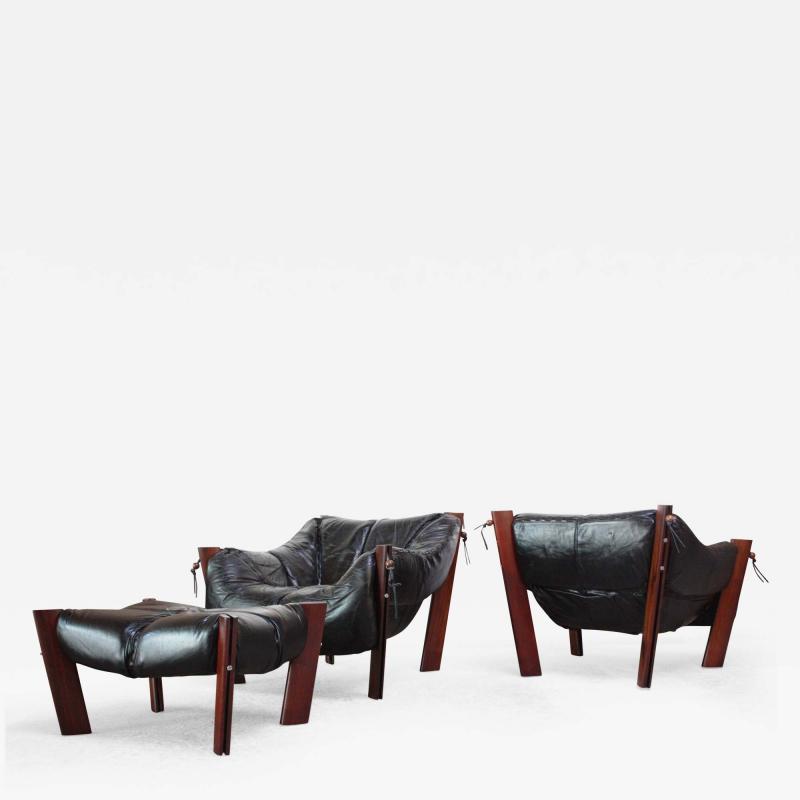 Percival Lafer Pair of Jacaranda and Leather Lounge Chairs and Ottoman by Percival Lafer