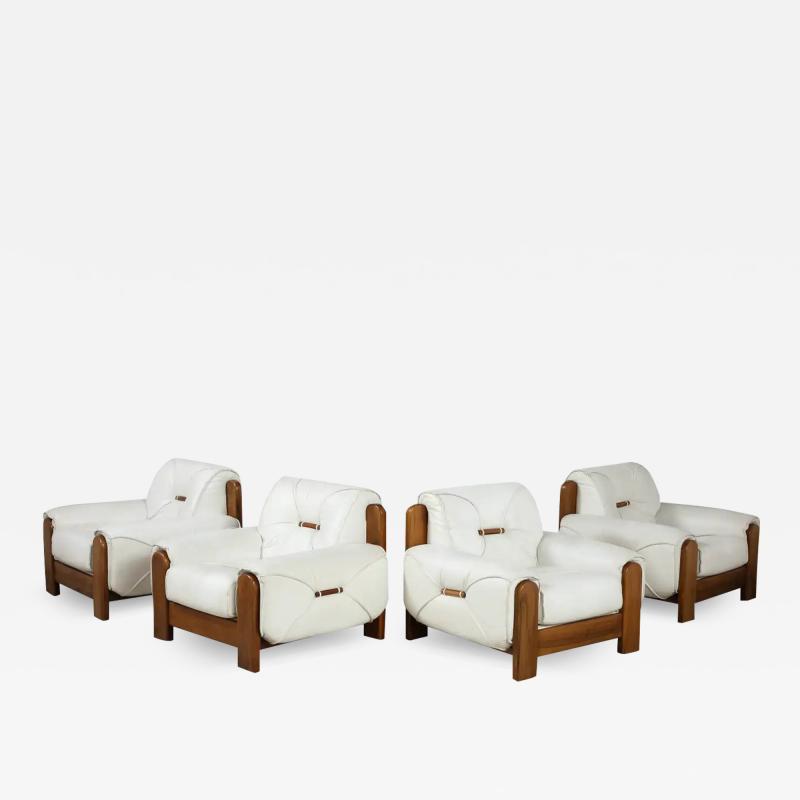 Percival Lafer Set of Four Italian 1970s Walnut and White Leather Lounge Chairs