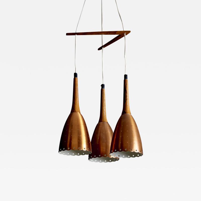 Perforated Copper and Rosewood Cascade Pendant Lamp Denmark 1950s
