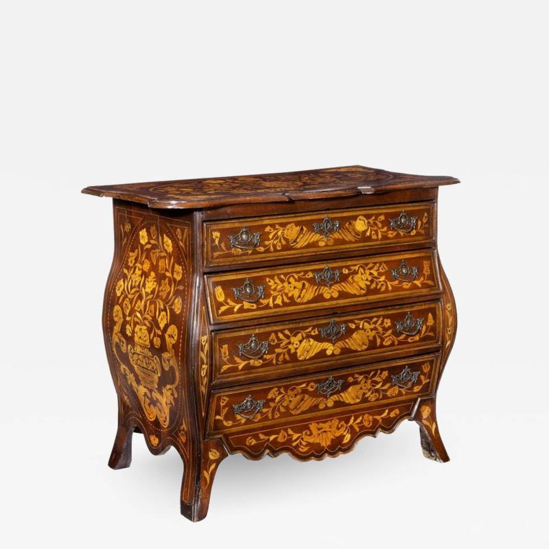 Period Dutch Mahogany Four Drawer Bombe Marquetry Commode 1800