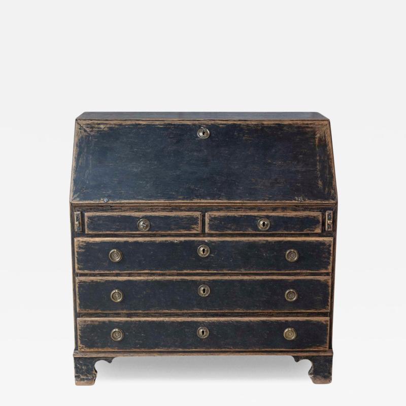 Period Gustavian Slant Front Desk with Black Exterior and Blue Interior
