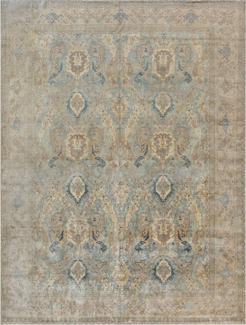 Persian Tabriz Botanic Light Blue Cream and Rust Handwoven Wool Rug