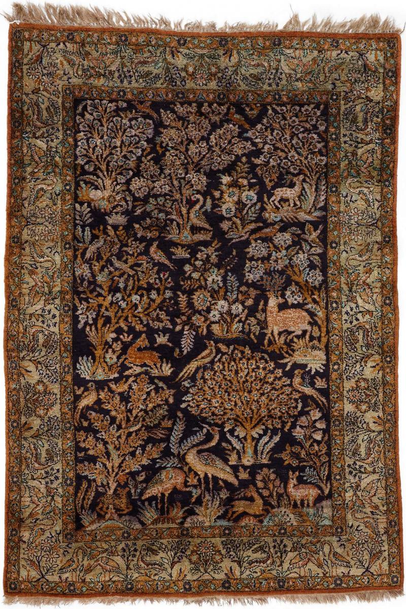 Persian woven silk Qum rug with a woodland and animal design