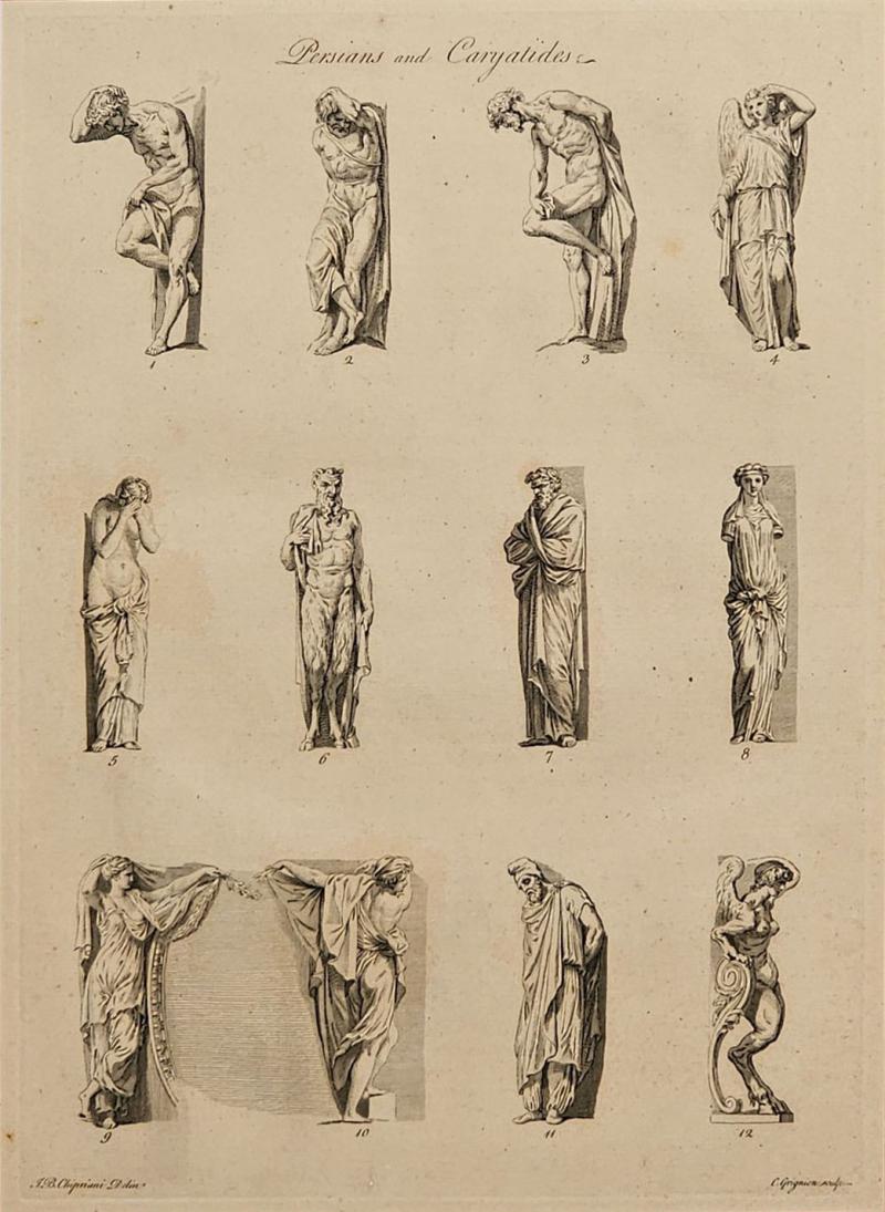 Persians and Caryatides Engraving Italy circa 1790