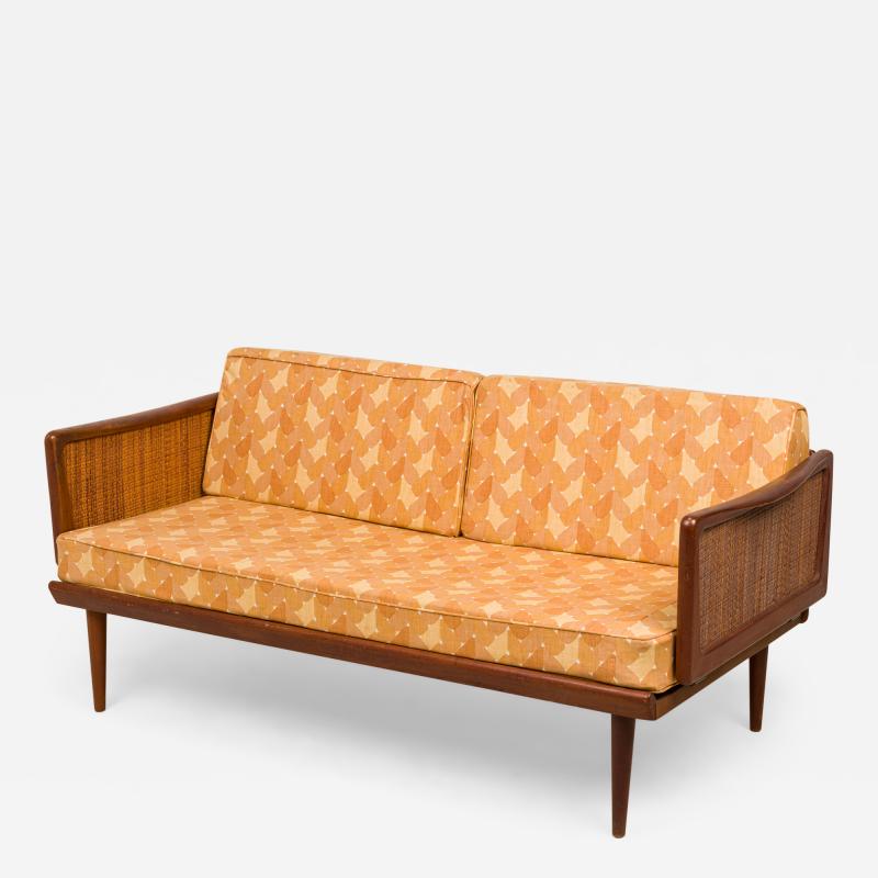 Peter Hvidt Peter Hvidt Danish Wooden Frame Caned Gold Patterned Upholstered Sleeper Settee