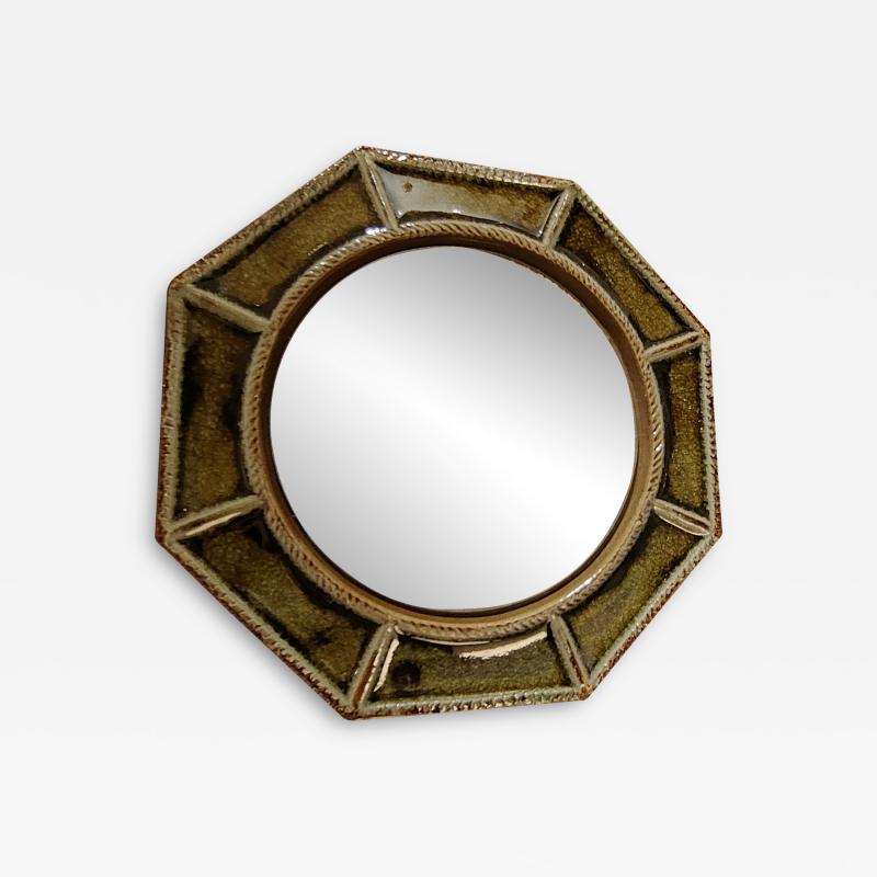 Petite Cloisonn Green Enameled Ceramic Octogonal Wall Mirror France 1960s