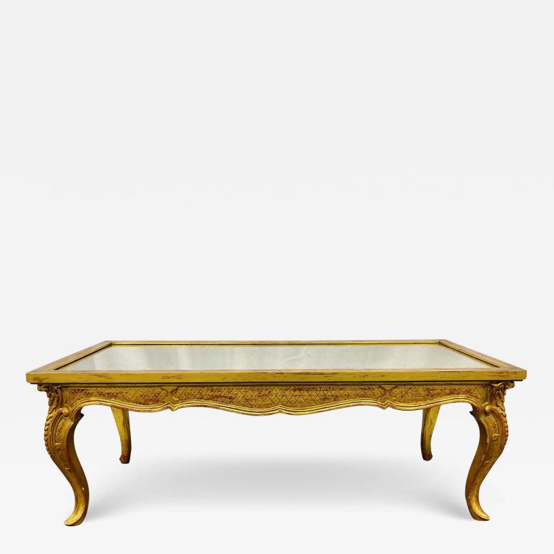 Petite Hollywood Regency Style Coffee Table Giltwood Base Antiqued Mirror Top