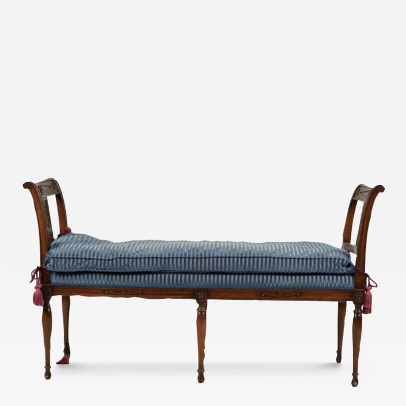 Petite Louis XVI Carved Mahogany Blue Velvet Striped Down Cushion Bench