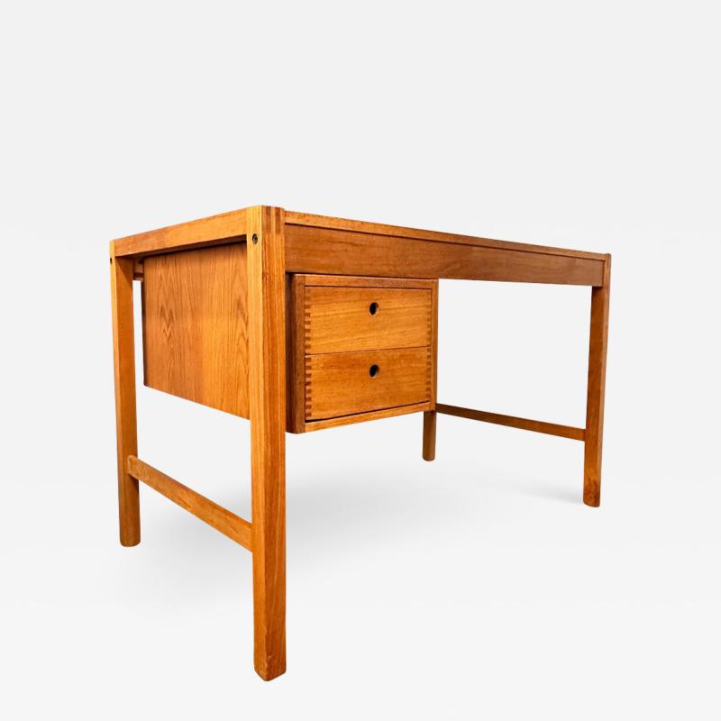 Petite Mid Century Teak Danish Desk with Sliding Drawers and Exposed Joinery