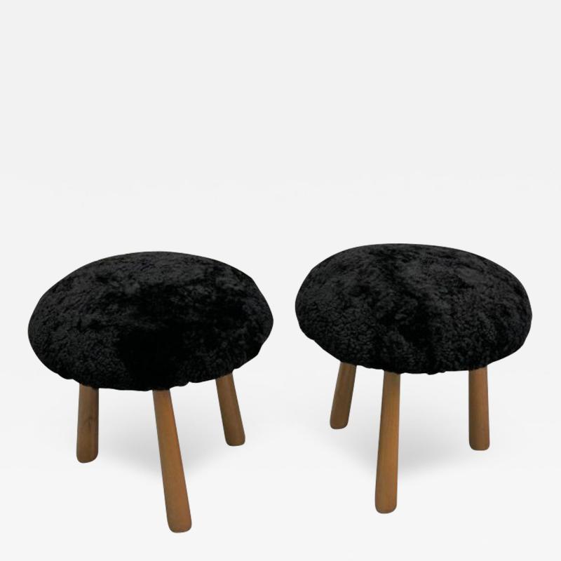 Philip Arctander Contemporary Swedish Mid Century Style Tripod Stools Black Sheepskin