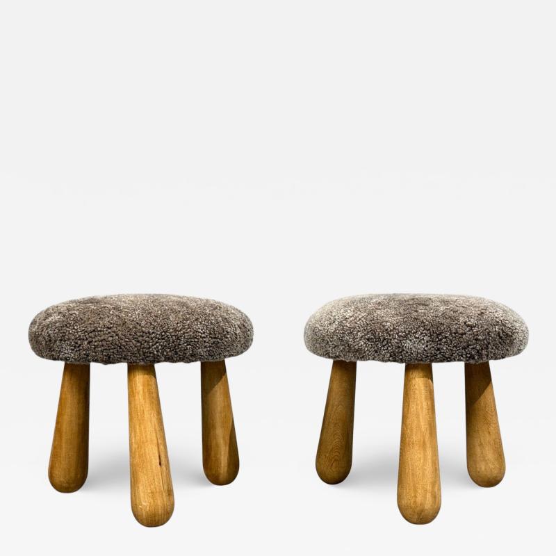 Philip Arctander Danish Modern Style Gray Sheepskin Maple Shearling Footstools 21st c 
