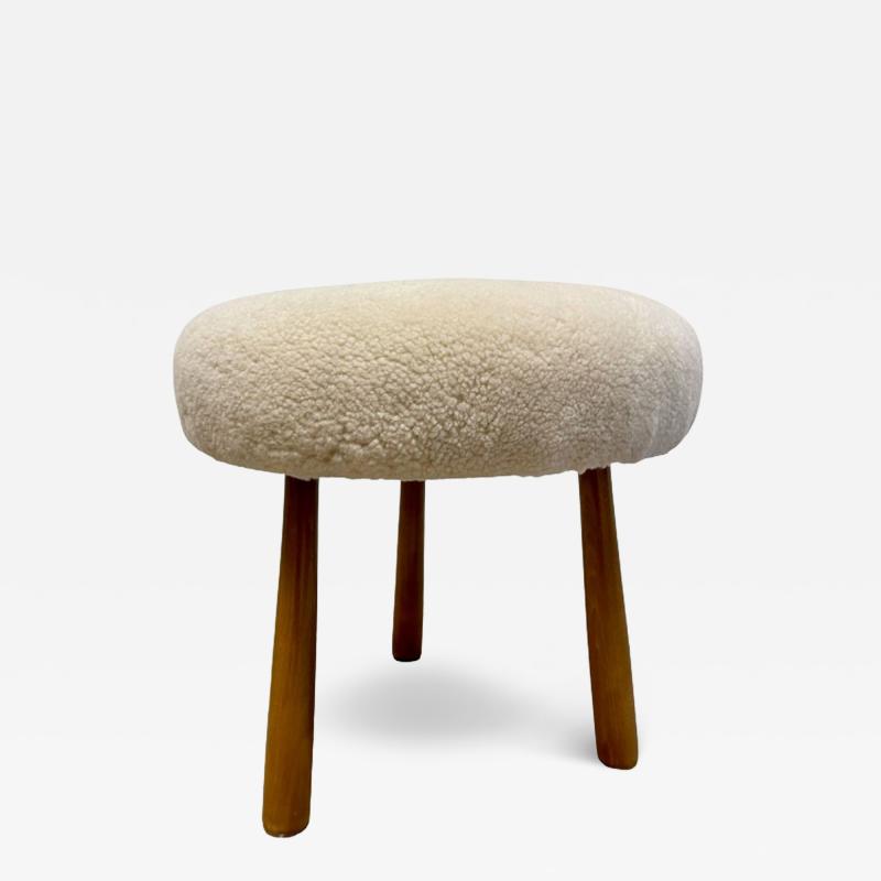 Philip Arctander Swedish Modern Style Beige Sheepskin Stained Wood Ottoman or Footstool