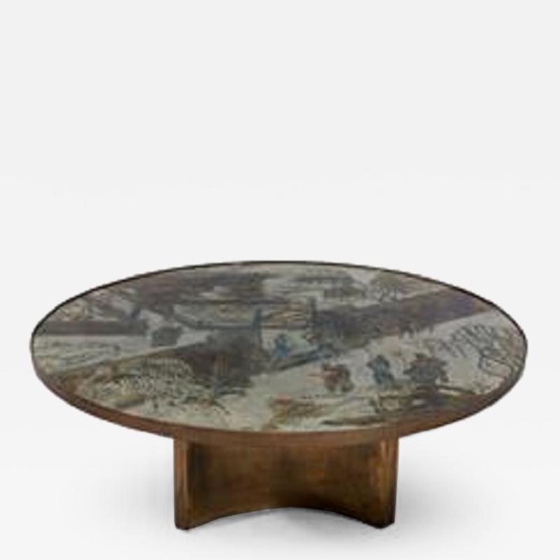 Philip and Kelvin LaVerne Acid etched and brass Chan circular coffee table by Philip and Kelvin LaVerne